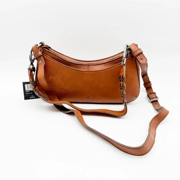 Frye Claire Leather Shoulder Bag Buckle Grommet Zip Top Cognac Brown NEW - Picture 2 of 16